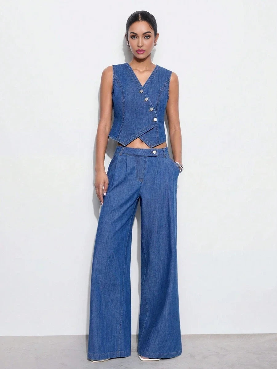 Womens Casual Fitted Sleeveless Denim Vest Blue