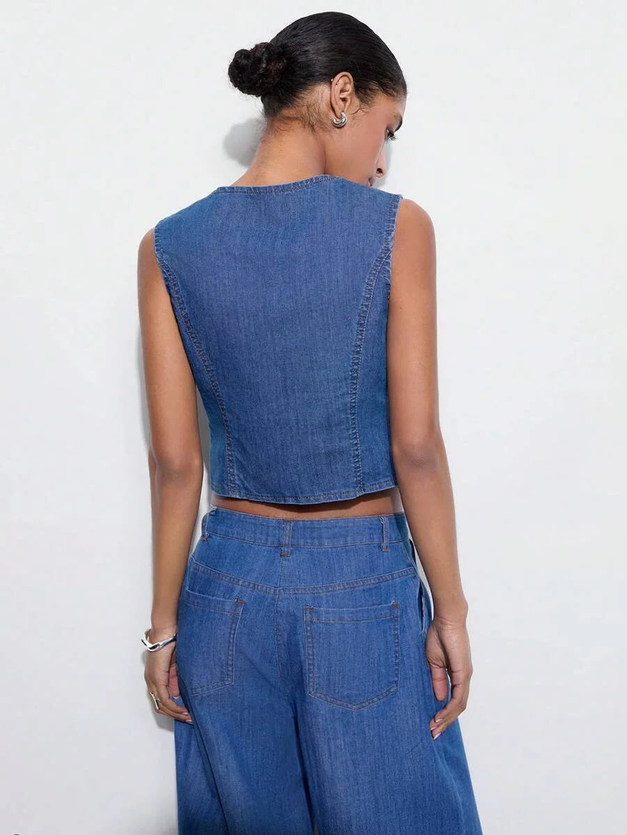Womens Casual Fitted Sleeveless Denim Vest Blue