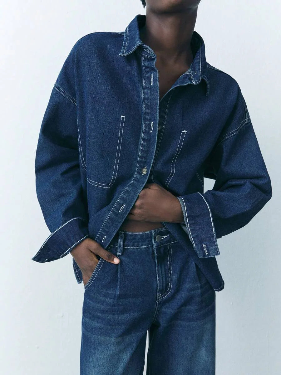 Womens Casual Loose Denim Long Sleeve Shirt Blue
