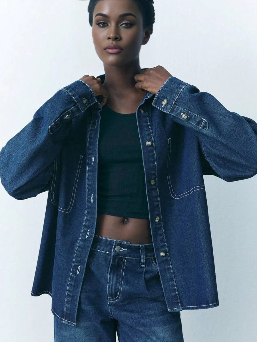 Womens Casual Loose Denim Long Sleeve Shirt Blue