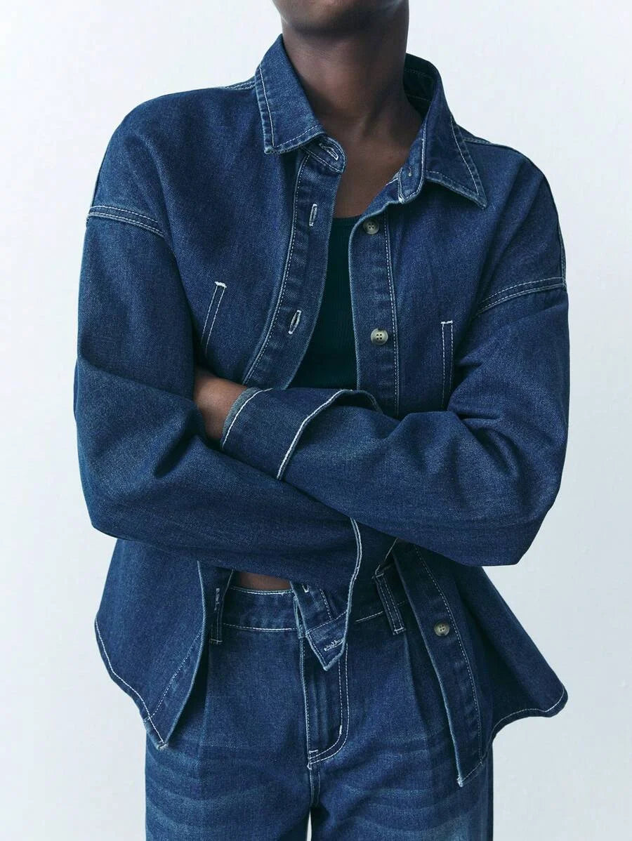 Womens Casual Loose Denim Long Sleeve Shirt Blue