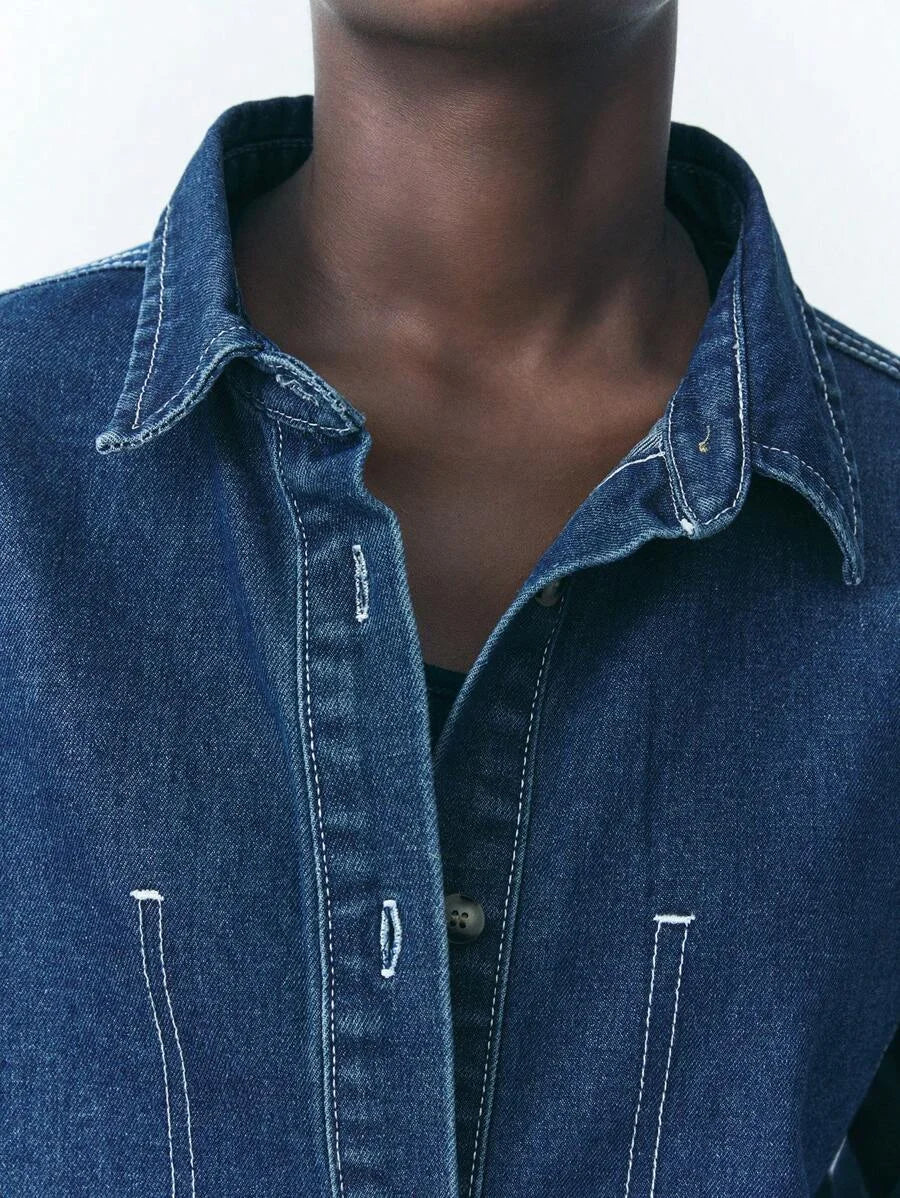 Womens Casual Loose Denim Long Sleeve Shirt Blue