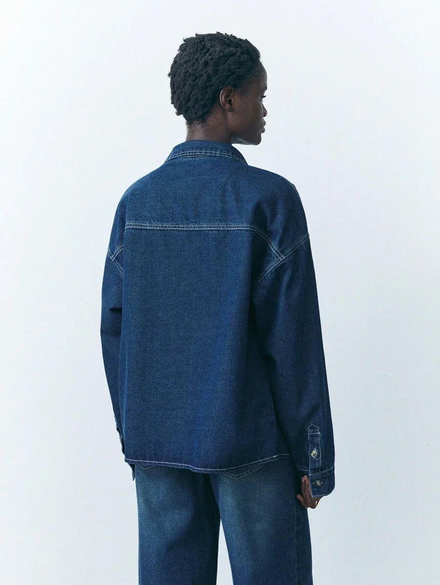Womens Casual Loose Denim Long Sleeve Shirt Blue