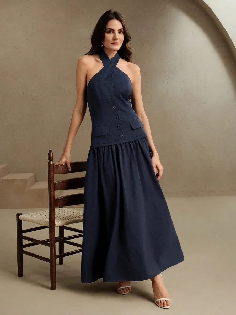 Womens Crossover VNeck Waist Cinched 2 In 1 Long Dress Work Outfit Spring