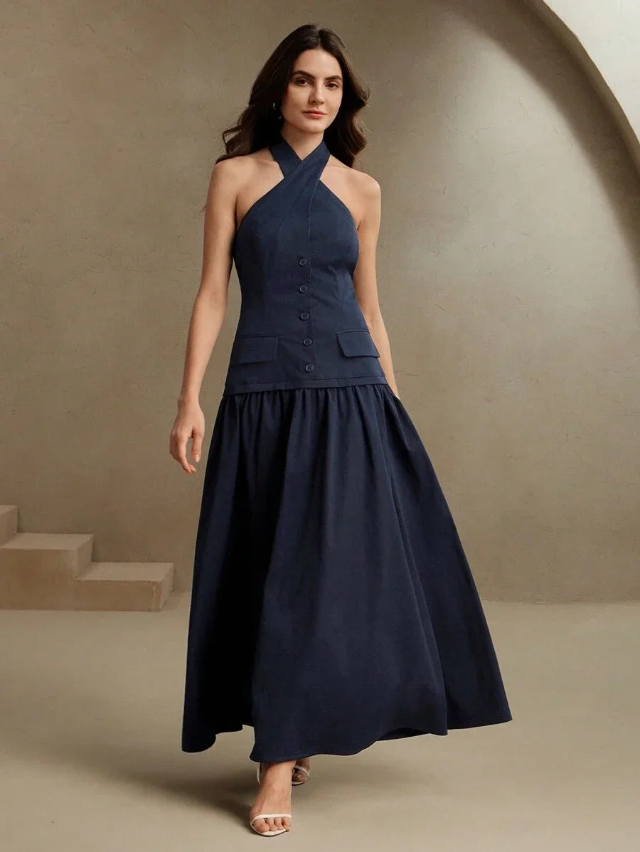 Womens Crossover VNeck Waist Cinched 2 In 1 Long Dress Work Outfit Spring