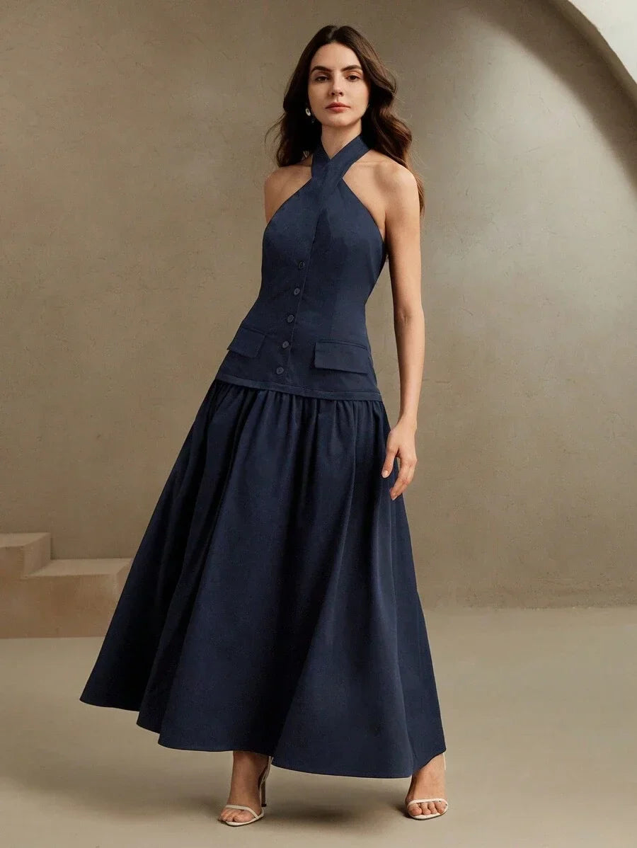 Womens Crossover VNeck Waist Cinched 2 In 1 Long Dress Work Outfit Spring