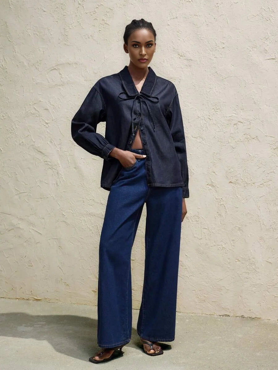 Womens Dark Blue Denim Top Loose Denim Shirt Peter Pan Collar Bowknot Casual And Versatile