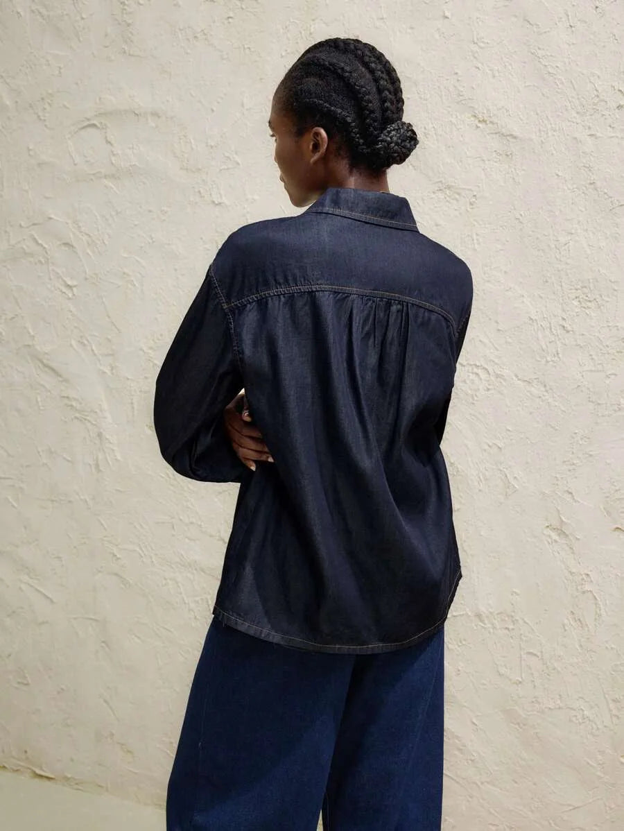Womens Dark Blue Denim Top Loose Denim Shirt Peter Pan Collar Bowknot Casual And Versatile