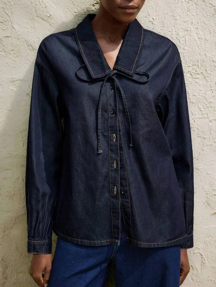 Womens Dark Blue Denim Top Loose Denim Shirt Peter Pan Collar Bowknot Casual And Versatile