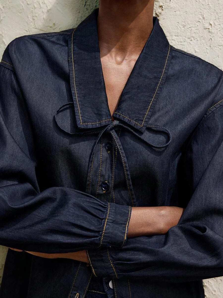 Womens Dark Blue Denim Top Loose Denim Shirt Peter Pan Collar Bowknot Casual And Versatile