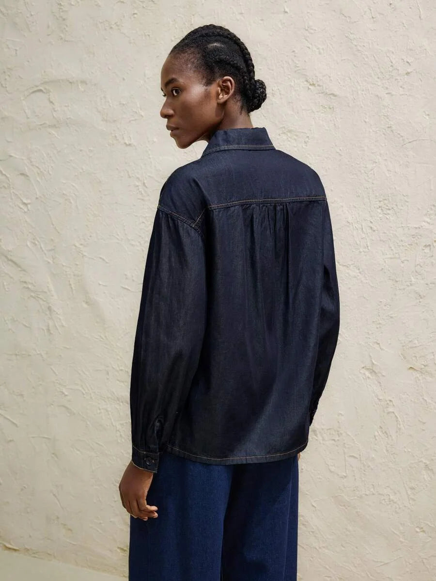Womens Dark Blue Denim Top Loose Denim Shirt Peter Pan Collar Bowknot Casual And Versatile