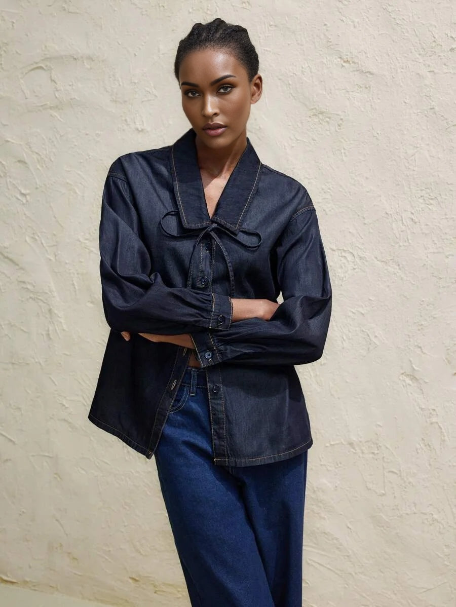 Womens Dark Blue Denim Top Loose Denim Shirt Peter Pan Collar Bowknot Casual And Versatile