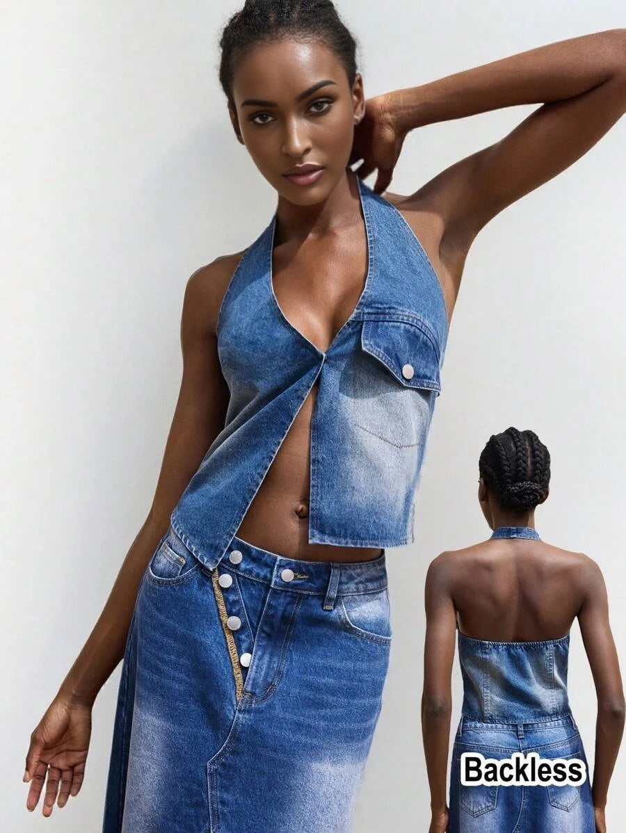 Womens Denim Tops Halter Neck Vest Spring And Summer Denim Tops