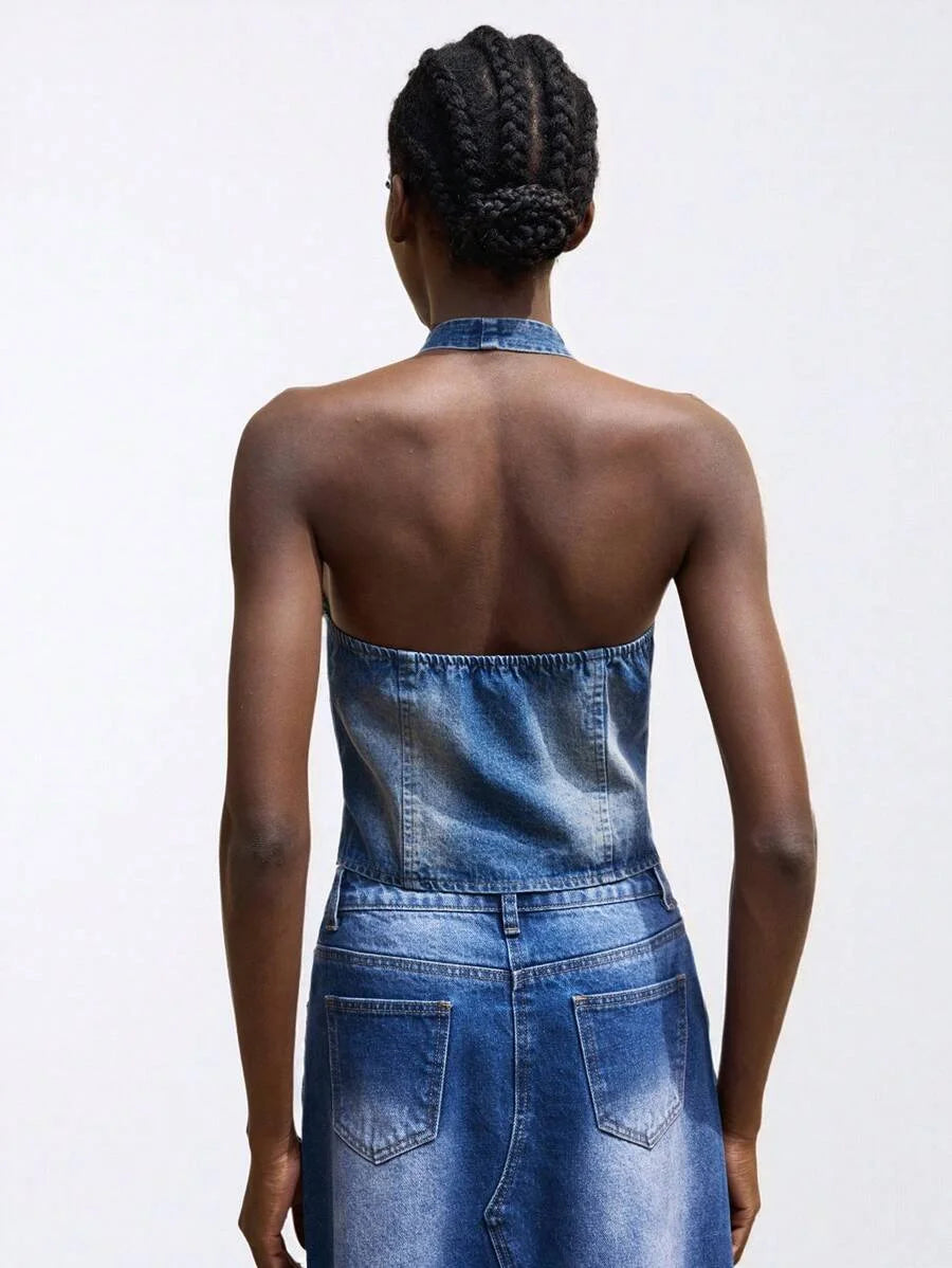 Womens Denim Tops Halter Neck Vest Spring And Summer Denim Tops