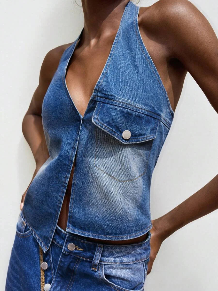 Womens Denim Tops Halter Neck Vest Spring And Summer Denim Tops