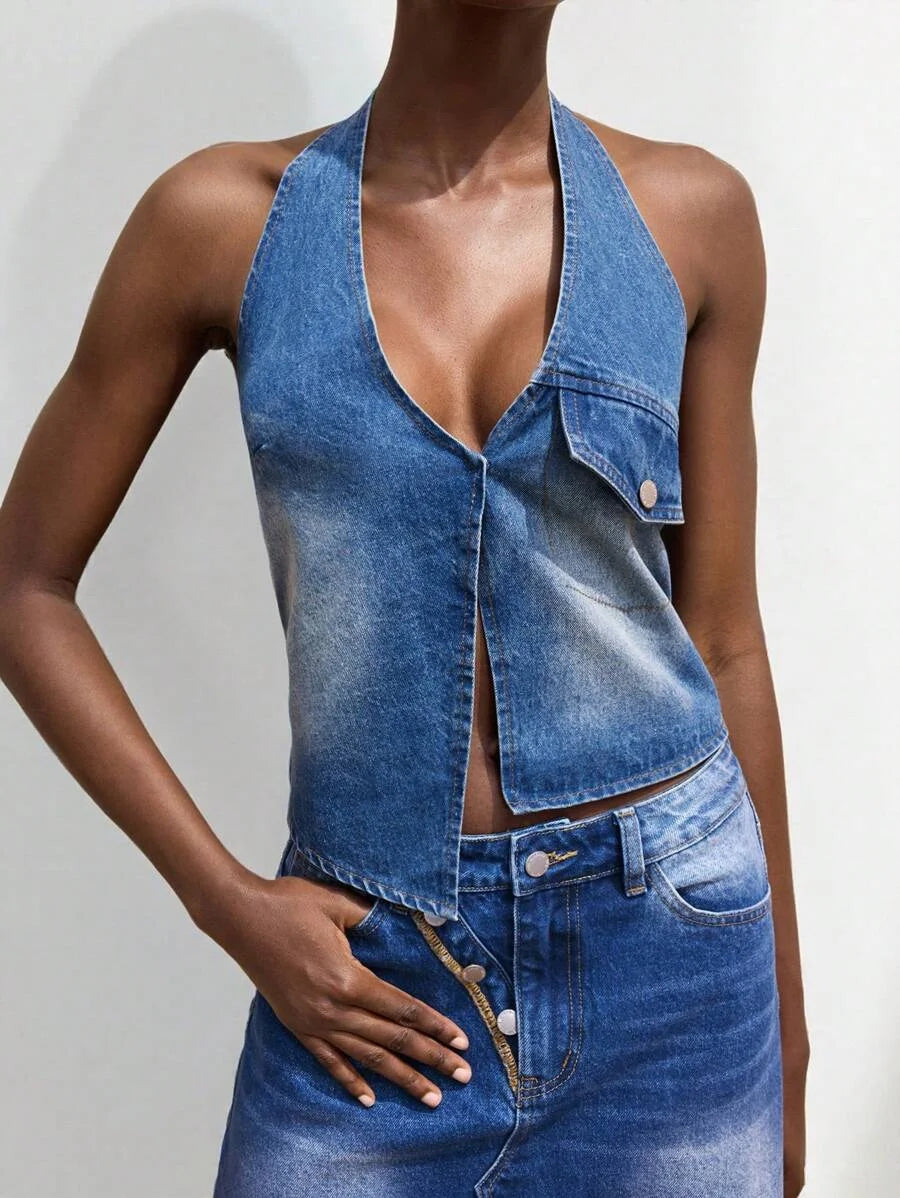 Womens Denim Tops Halter Neck Vest Spring And Summer Denim Tops