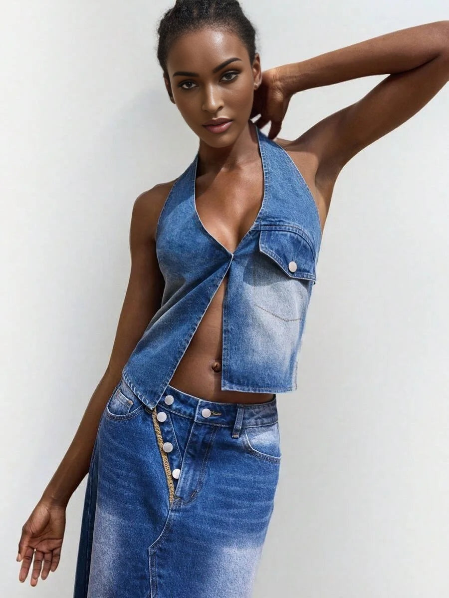 Womens Denim Tops Halter Neck Vest Spring And Summer Denim Tops