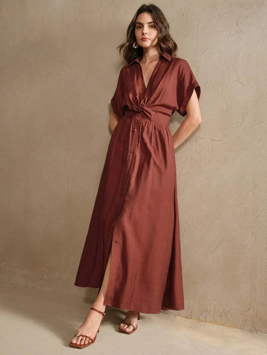 Womens Design Sense VNeck SingleBreasted Twist Waist Long Dress Suitable For Festival Going Out