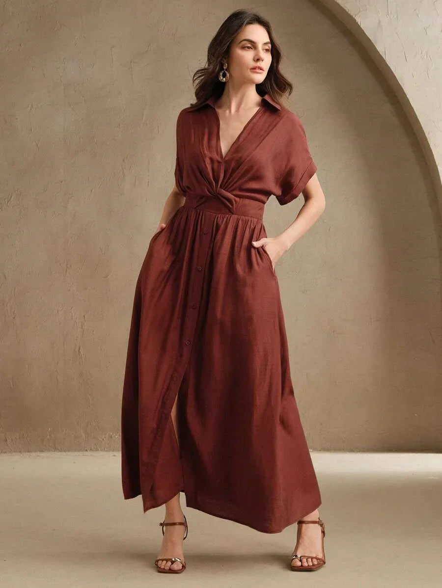 Womens Design Sense VNeck SingleBreasted Twist Waist Long Dress Suitable For Festival Going Out