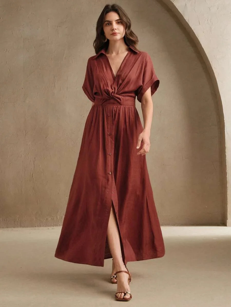 Womens Design Sense VNeck SingleBreasted Twist Waist Long Dress Suitable For Festival Going Out