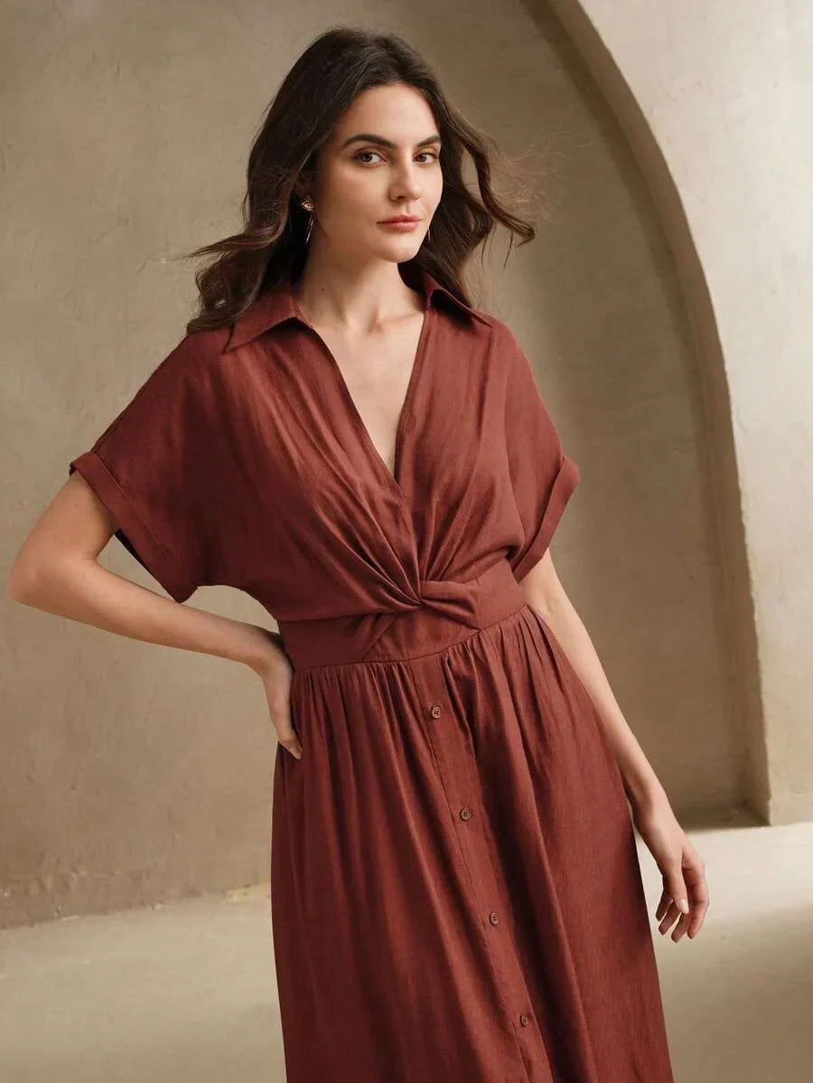 Womens Design Sense VNeck SingleBreasted Twist Waist Long Dress Suitable For Festival Going Out