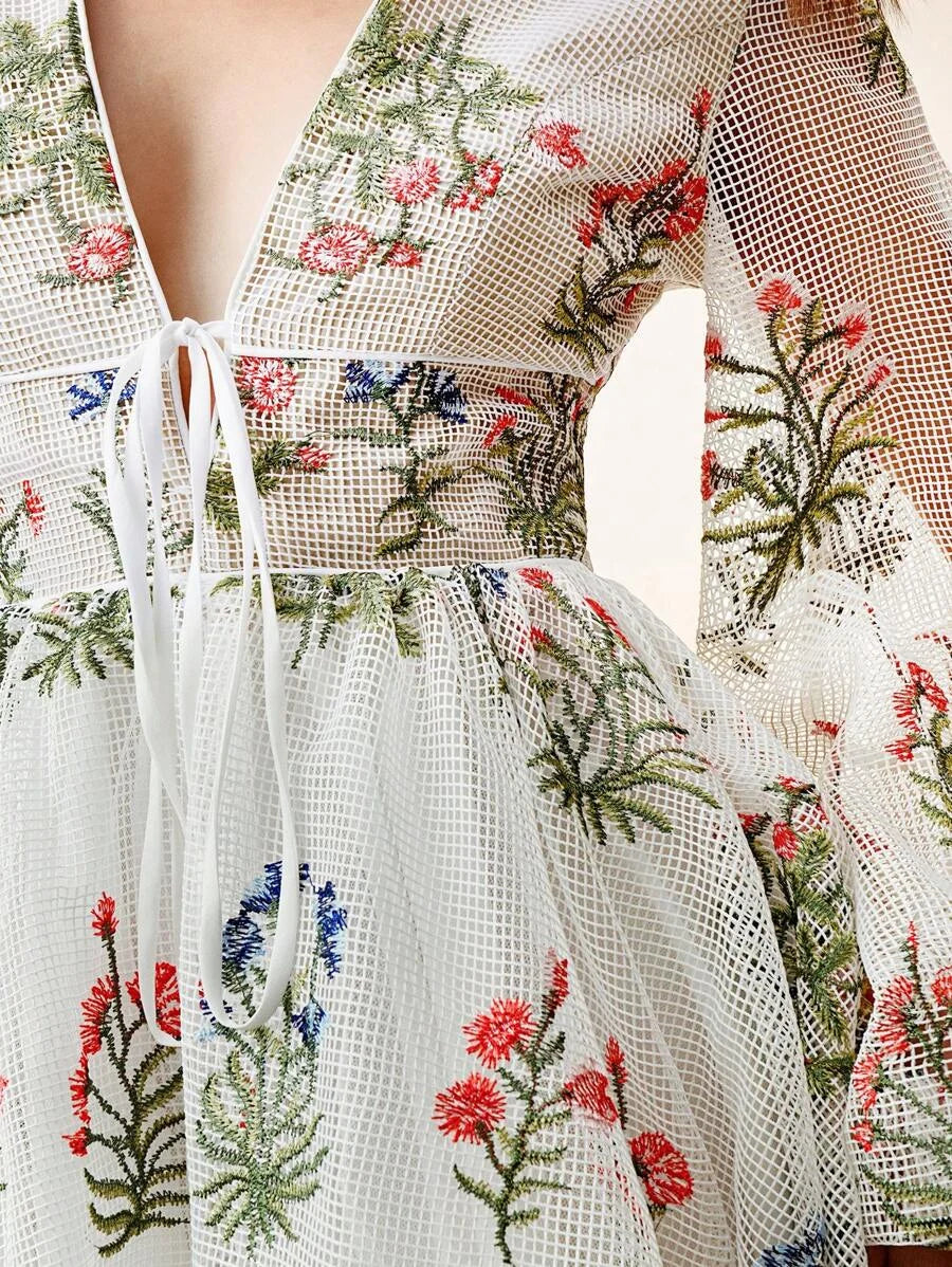 Womens Elegant Colorful Hollow Embroidered VNeck Puff Sleeve Tie Waist Short Dress