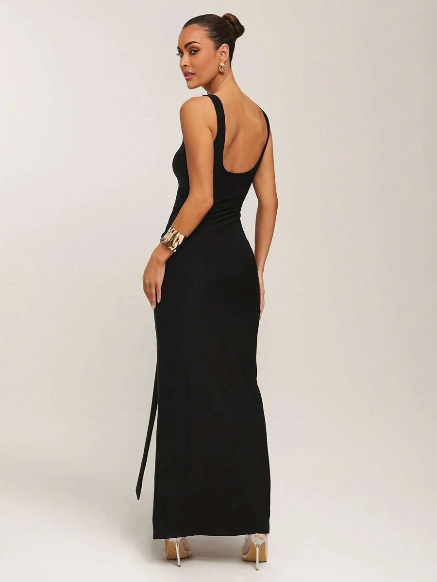 Womens Elegant Commuter Sleeveless VNeck Solid Black Dress Summer Fashion Stretch Knitted Long