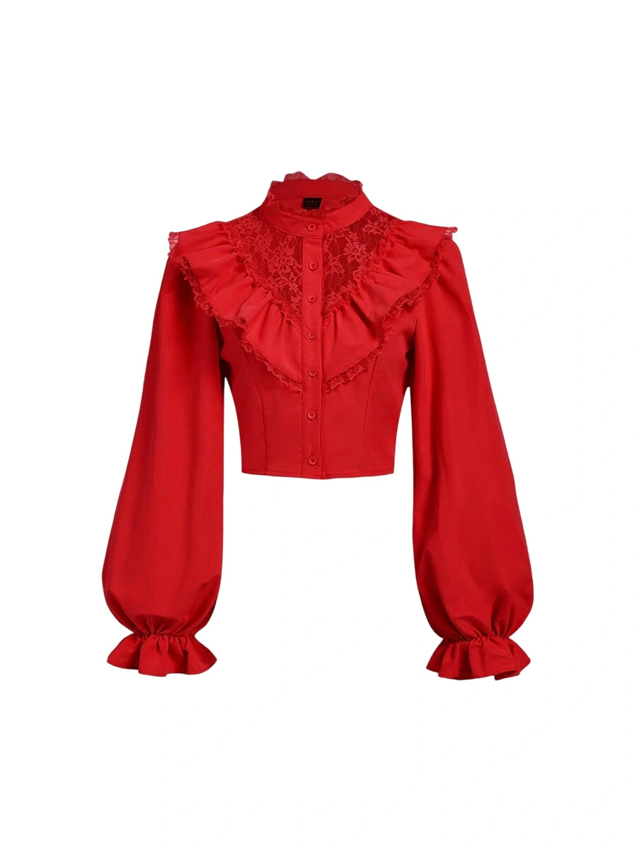 Scarlett Victorian ruffle blouse with lace details, high neckline, and bishop sleeves in bold red