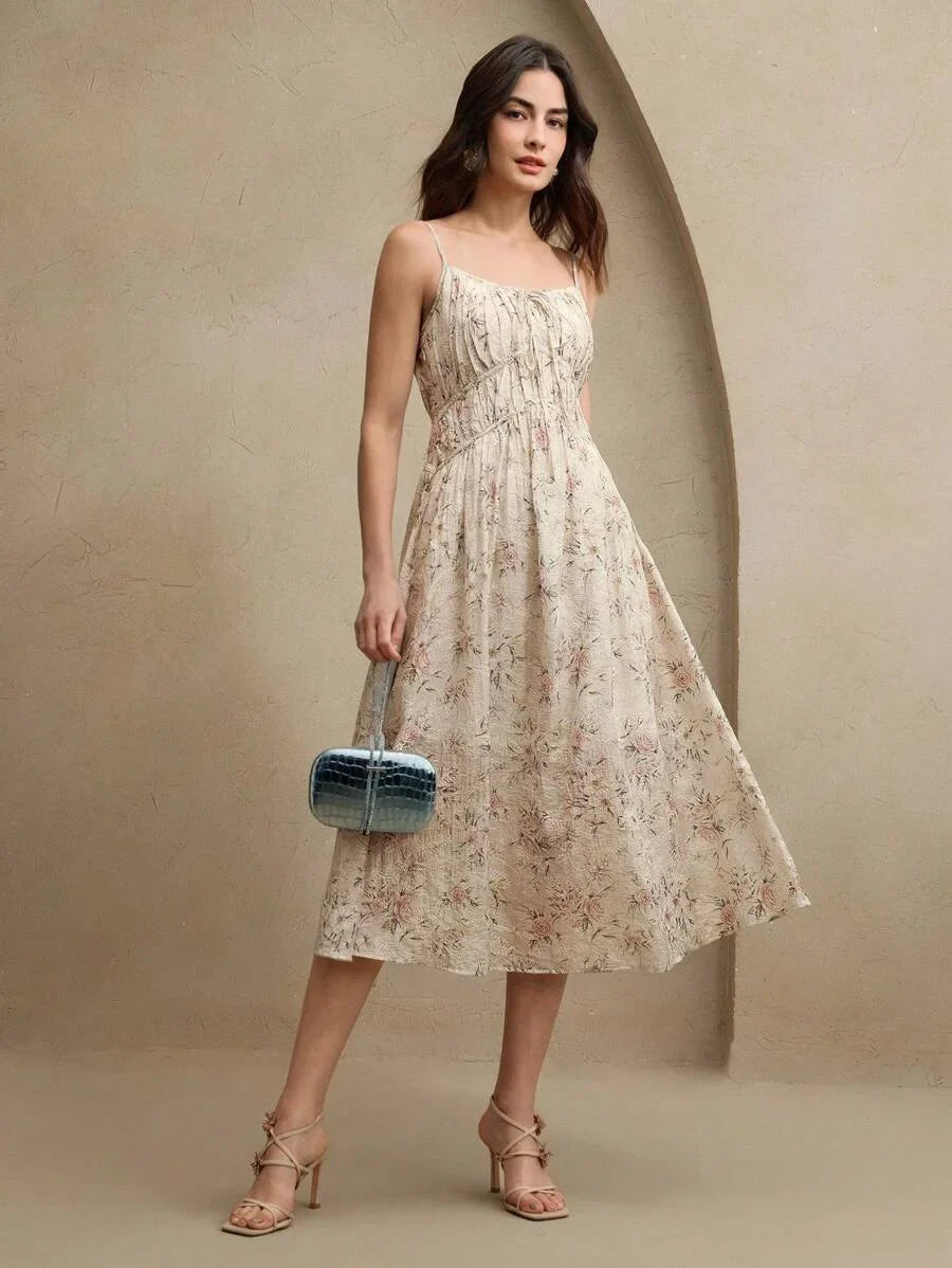 Womens Elegant Floral Butterfly Print Tie Waist Dress Summer Brunch Outfits Festival