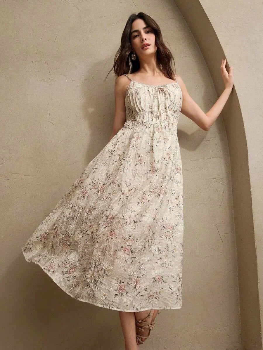 Womens Elegant Floral Butterfly Print Tie Waist Dress Summer Brunch Outfits Festival