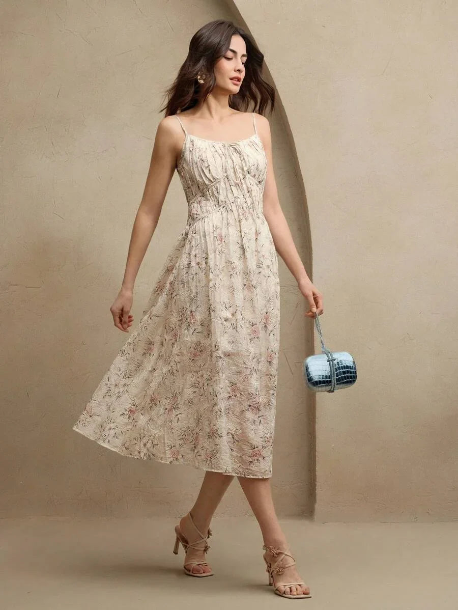 Womens Elegant Floral Butterfly Print Tie Waist Dress Summer Brunch Outfits Festival