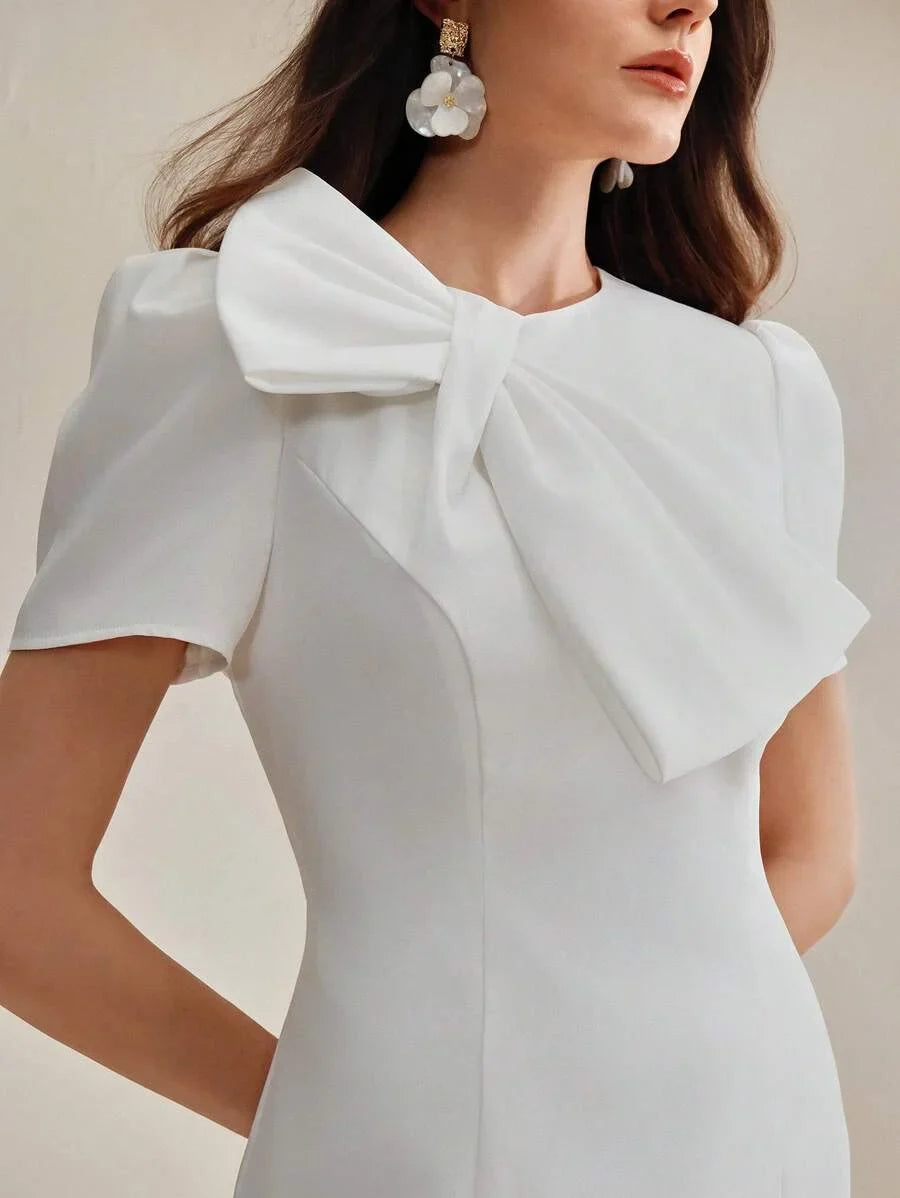 Womens Elegant Ladylike Charming Short Sleeve Crew Neck Waisted Lace Patchwork Hem With Bow Decor