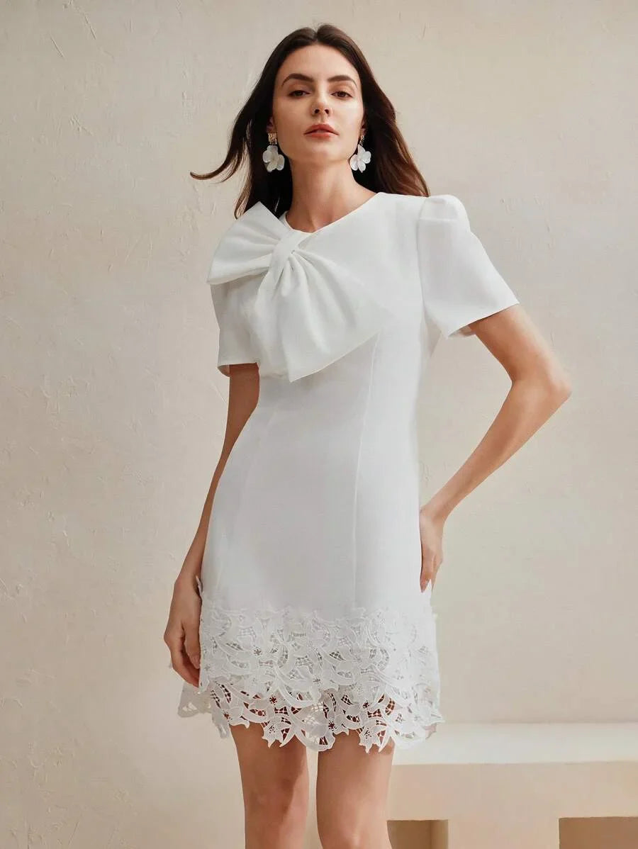 Womens Elegant Ladylike Charming Short Sleeve Crew Neck Waisted Lace Patchwork Hem With Bow Decor