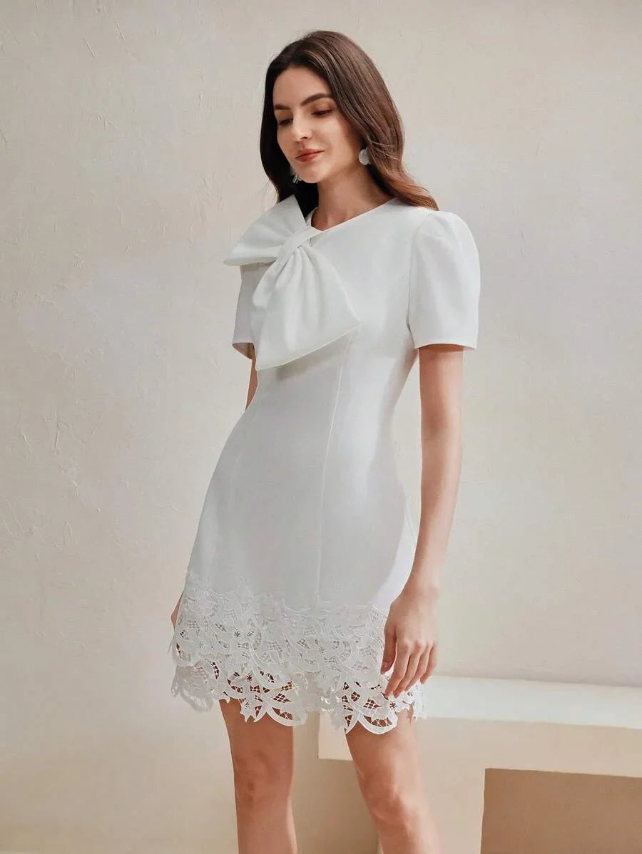 Womens Elegant Ladylike Charming Short Sleeve Crew Neck Waisted Lace Patchwork Hem With Bow Decor