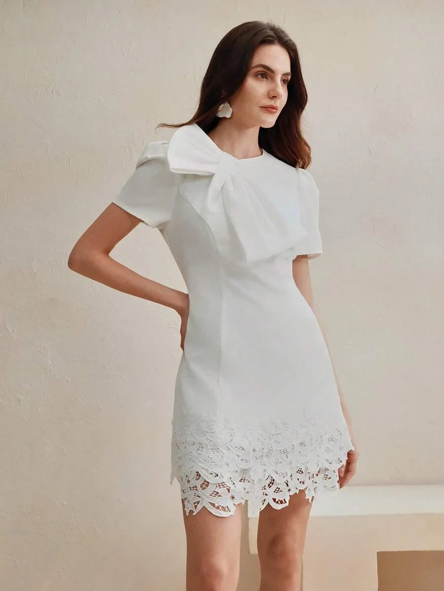 Womens Elegant Ladylike Charming Short Sleeve Crew Neck Waisted Lace Patchwork Hem With Bow Decor