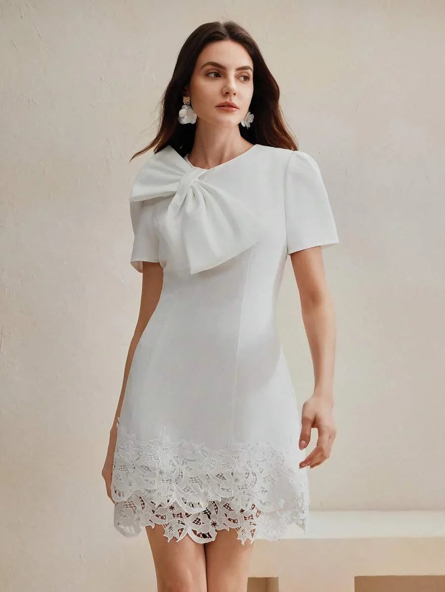 Womens Elegant Ladylike Charming Short Sleeve Crew Neck Waisted Lace Patchwork Hem With Bow Decor