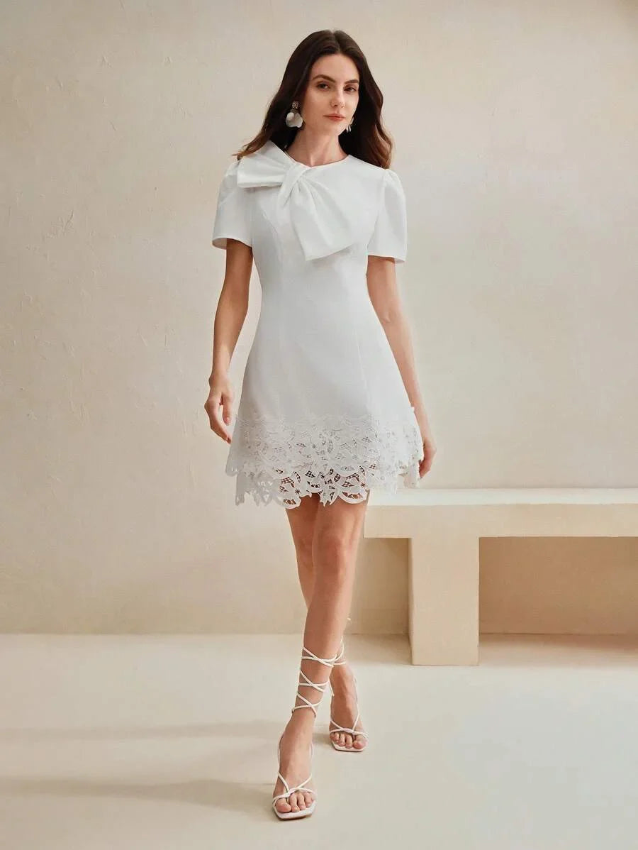 Womens Elegant Ladylike Charming Short Sleeve Crew Neck Waisted Lace Patchwork Hem With Bow Decor