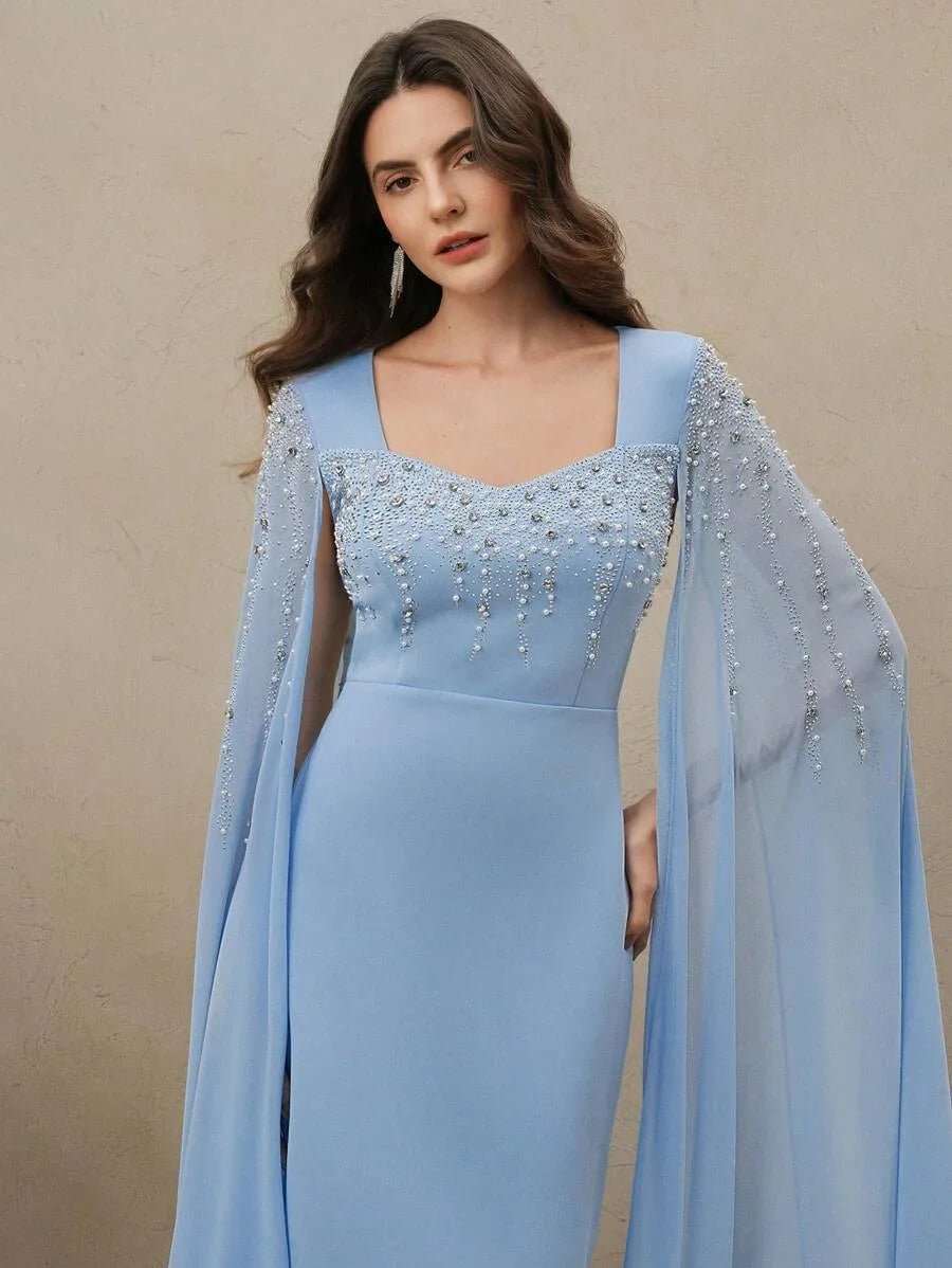 Womens Elegant Light Blue Rhinestone Beaded Long Sleeve Fitted Dress Spring