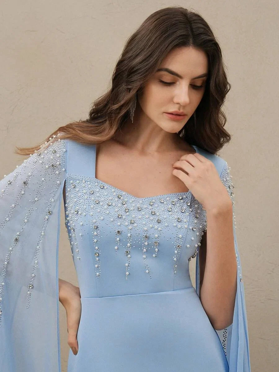 Womens Elegant Light Blue Rhinestone Beaded Long Sleeve Fitted Dress Spring