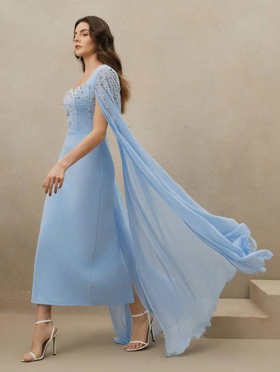 Womens Elegant Light Blue Rhinestone Beaded Long Sleeve Fitted Dress Spring
