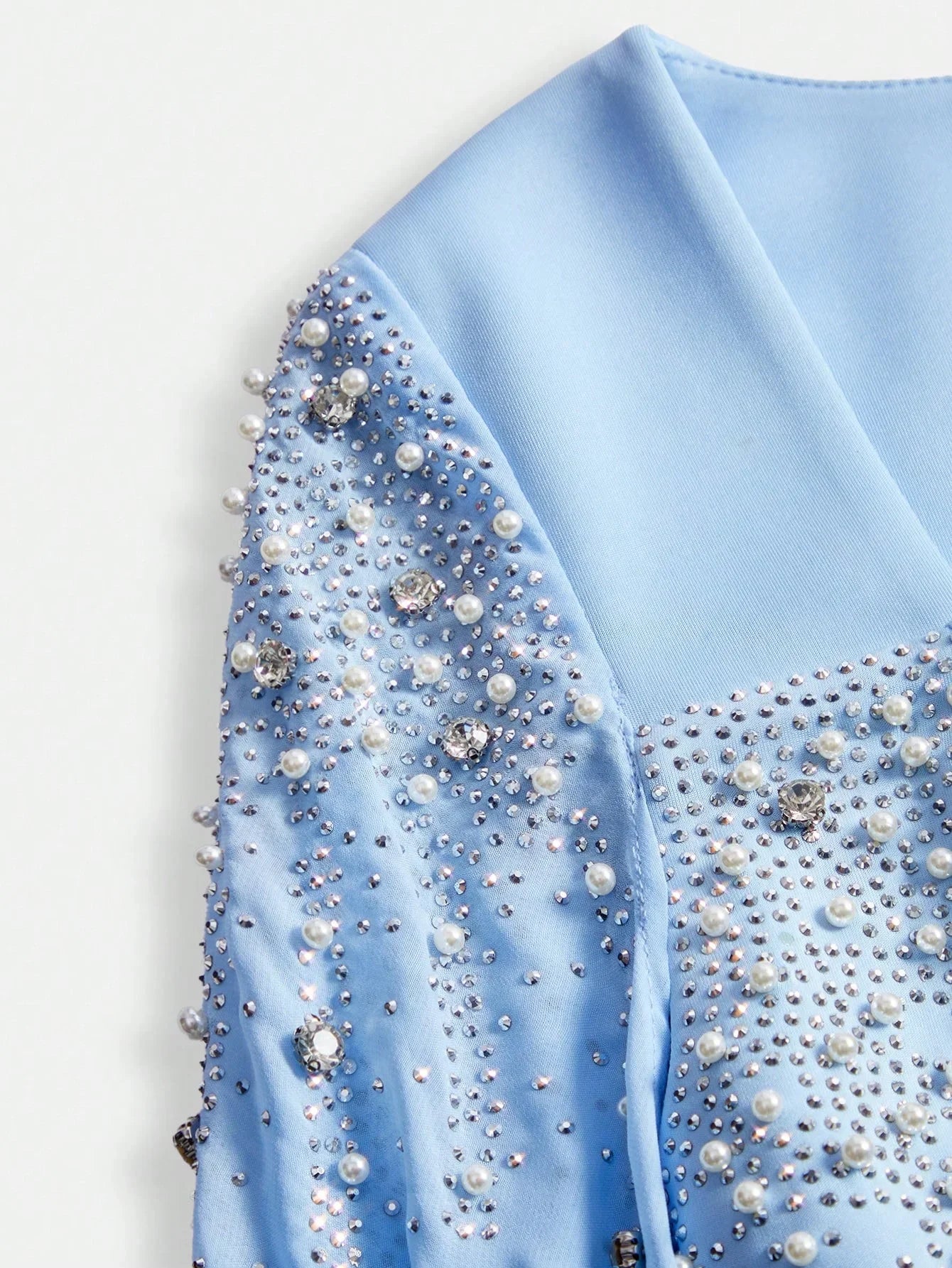 Womens Elegant Light Blue Rhinestone Beaded Long Sleeve Fitted Dress Spring