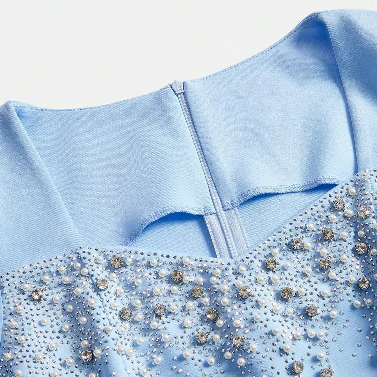 Womens Elegant Light Blue Rhinestone Beaded Long Sleeve Fitted Dress Spring
