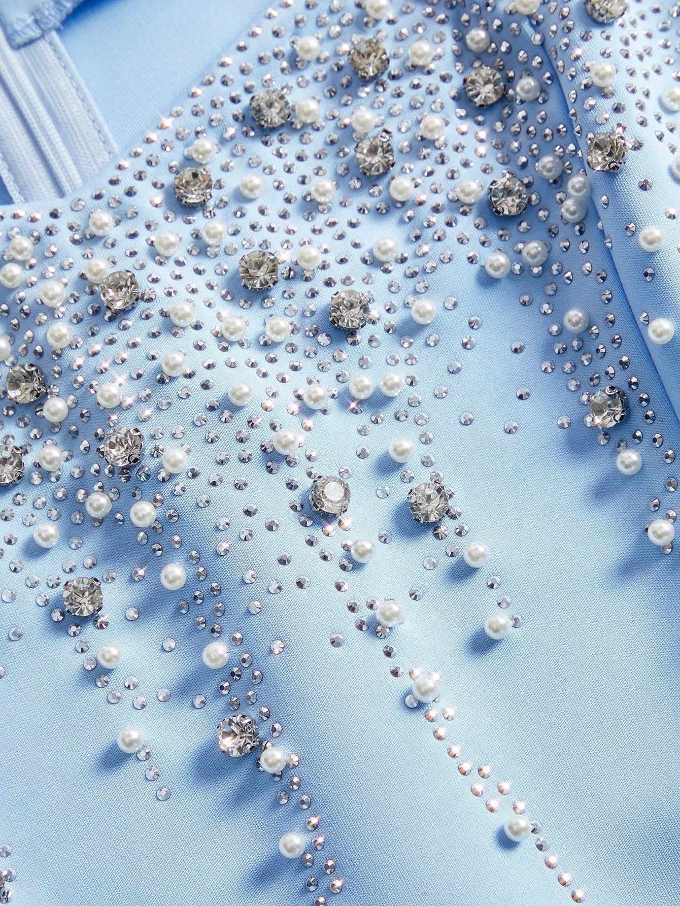 Womens Elegant Light Blue Rhinestone Beaded Long Sleeve Fitted Dress Spring