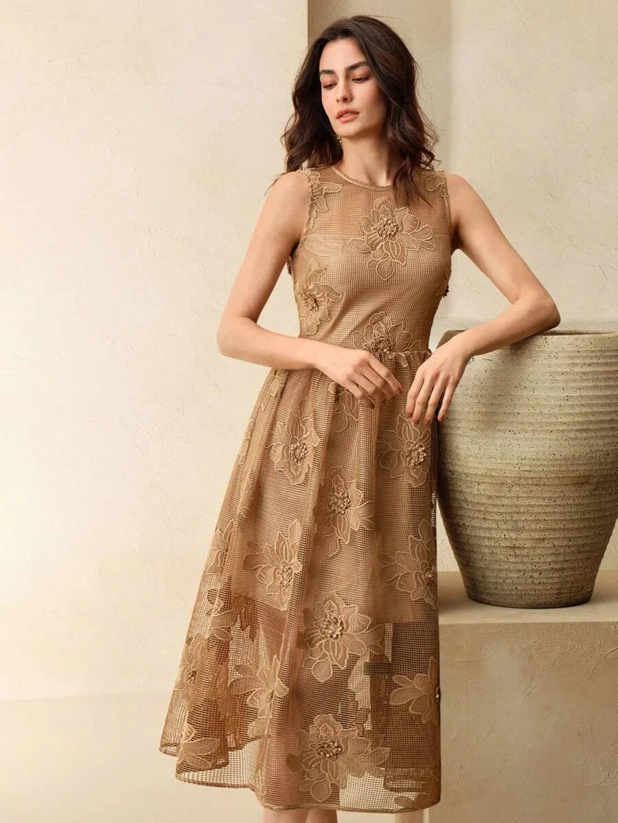 Womens Elegant Mesh Hollow Floral Sleeveless Dress Boho Spring Summer Outfits For Women Spring