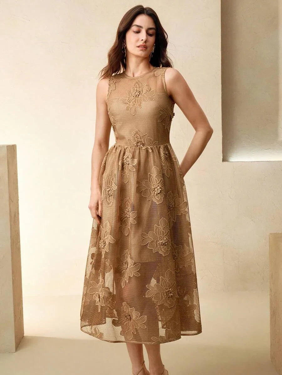 Womens Elegant Mesh Hollow Floral Sleeveless Dress Boho Spring Summer Outfits For Women Spring