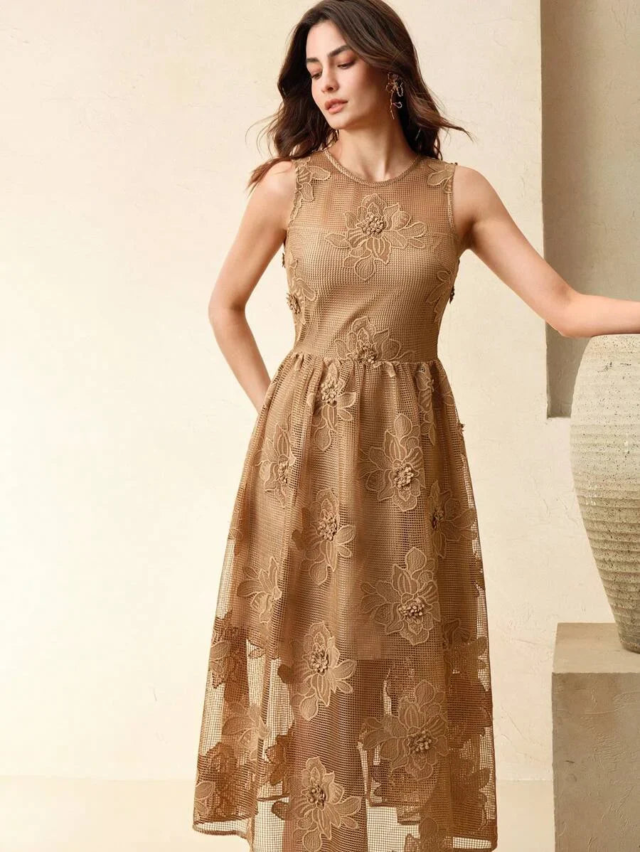 Womens Elegant Mesh Hollow Floral Sleeveless Dress Boho Spring Summer Outfits For Women Spring
