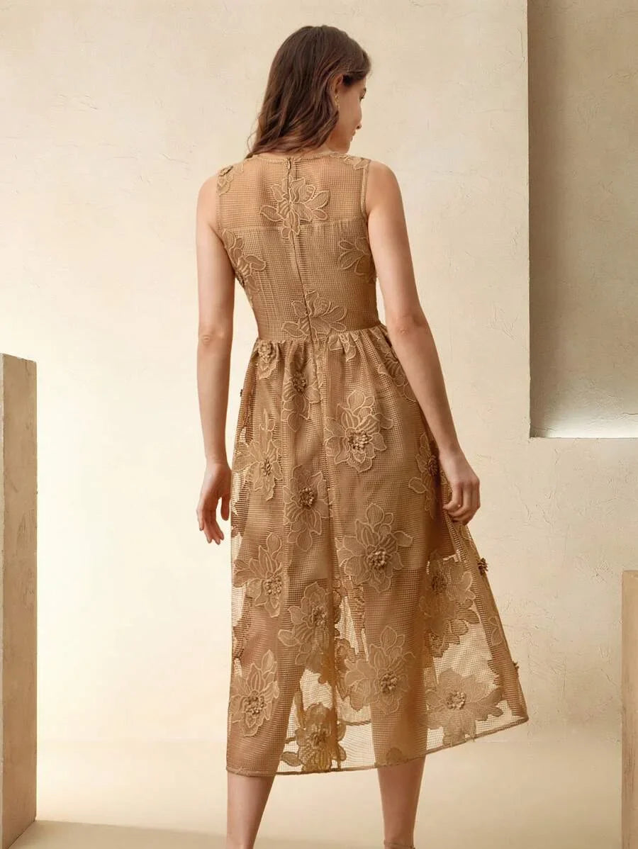 Womens Elegant Mesh Hollow Floral Sleeveless Dress Boho Spring Summer Outfits For Women Spring