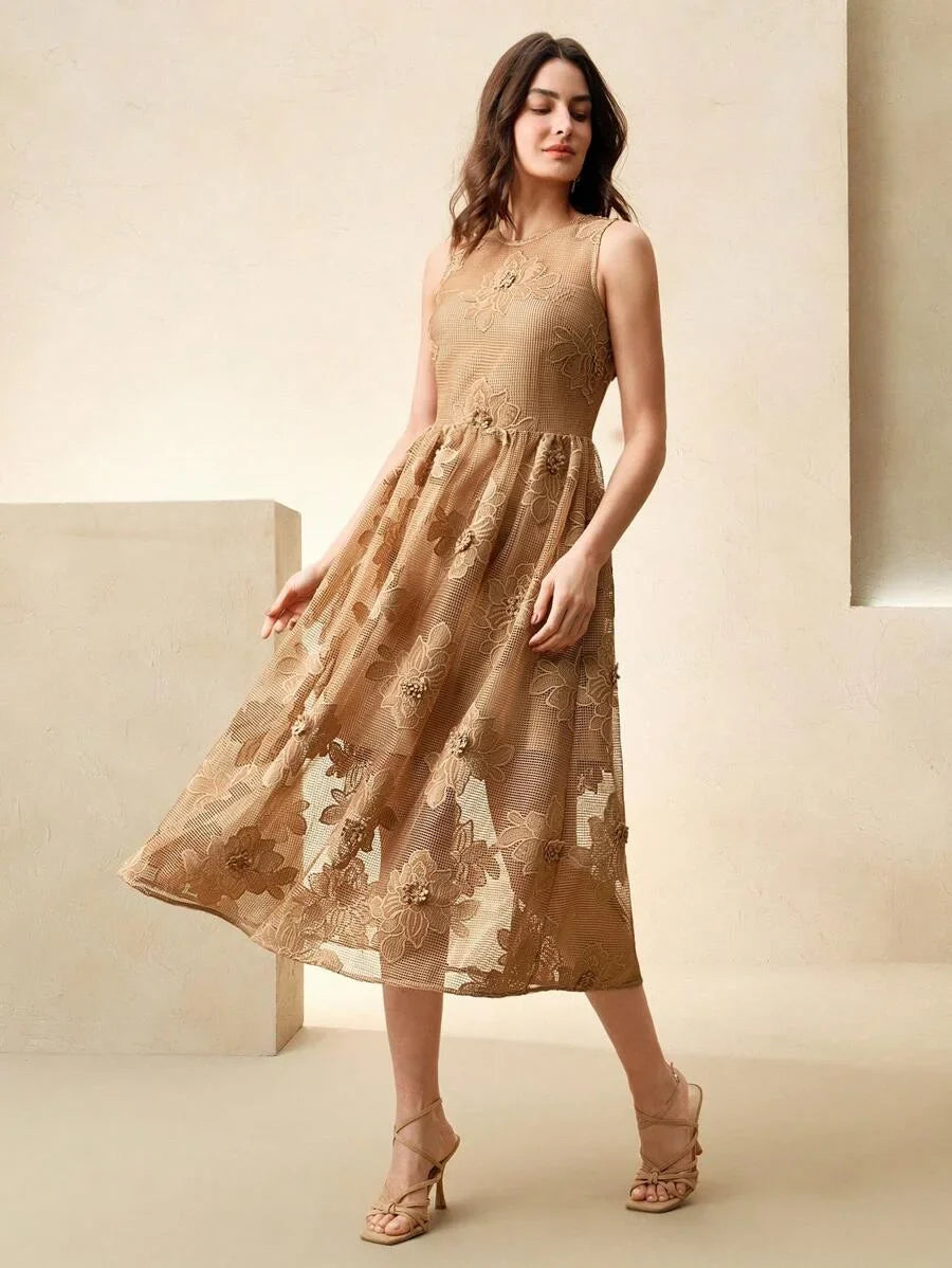 Womens Elegant Mesh Hollow Floral Sleeveless Dress Boho Spring Summer Outfits For Women Spring