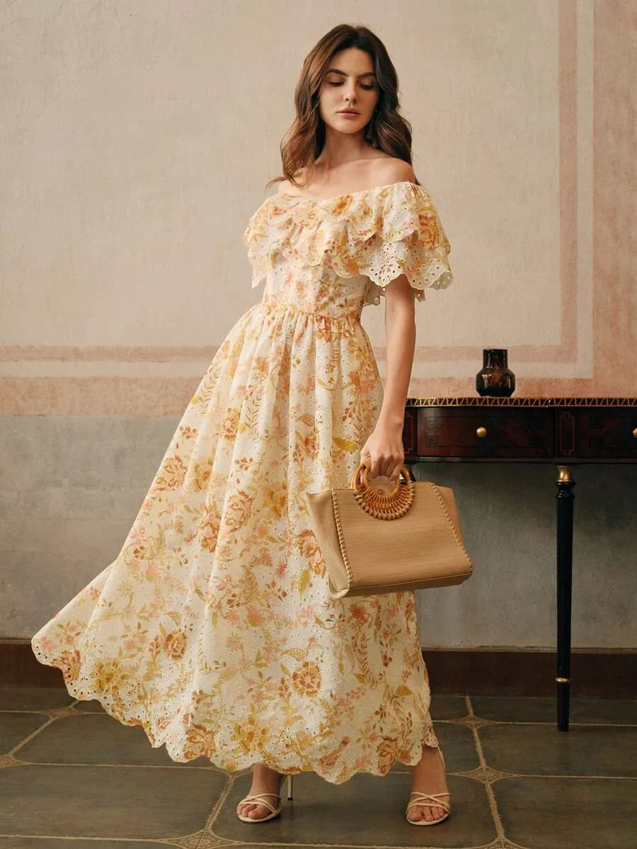 Womens Elegant Off Shoulder Ruffled HollowOut Floral Embroidered Dress Beach Resort Festival Going
