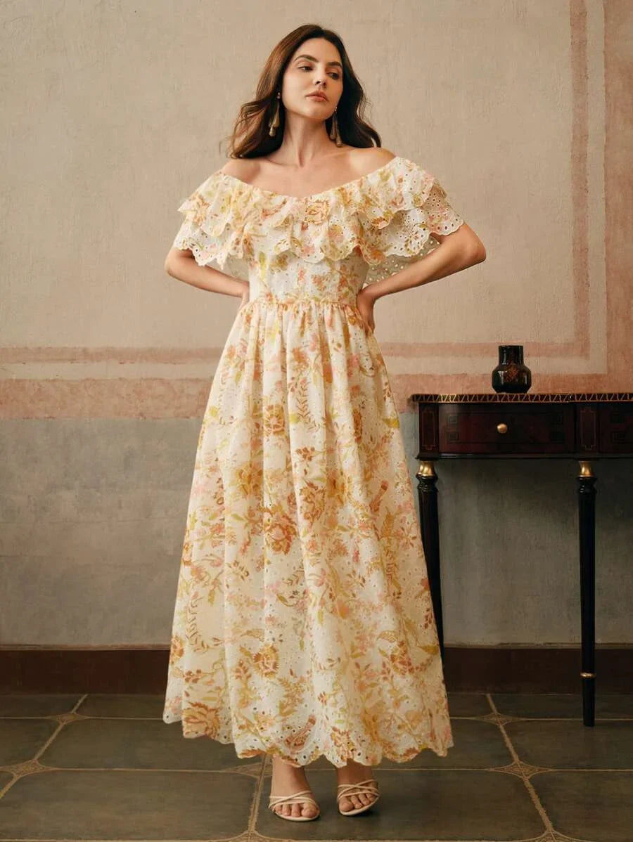 Womens Elegant Off Shoulder Ruffled HollowOut Floral Embroidered Dress Beach Resort Festival Going